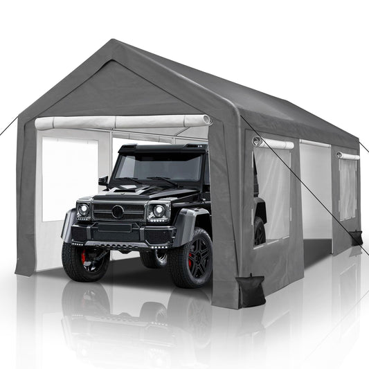 QZEN Carport 10x20ft Portable Garage, Heavy Duty Car Canopy with Roll-up Ventilated Windows & Side Doors, Car Port for SUV, F150, Car, Truck, Boat (10' x 20'Grey and White)