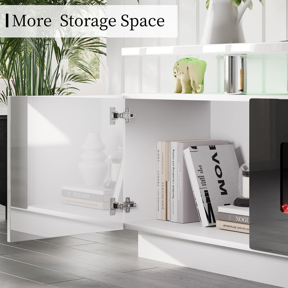 AMERLIFE Fireplace TV Stand with 40" Fireplace, 80" Modern High Gloss Fireplace Entertainment Center LED Lights, 2 Tier TV Console Cabinet for TVs Up to 90", Ivory White AMERLIFE