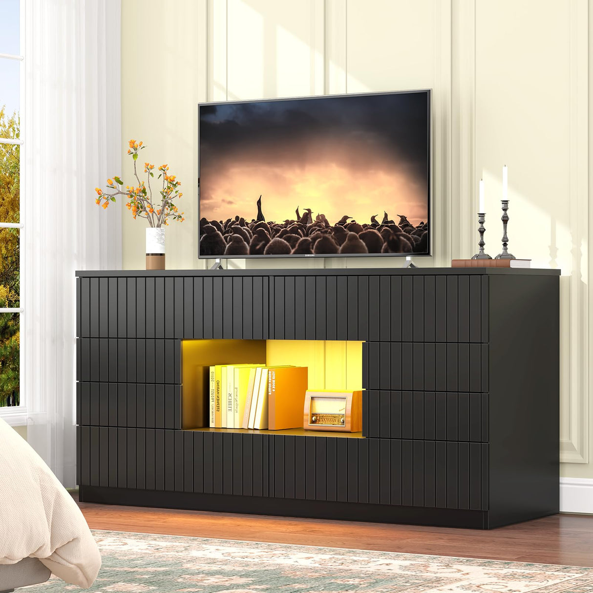 CSZZD 8 Drawer TV Stand for Bedroom, 55" Black Dresser with LED Lights & Open Storage, Modern Long Chest of Drawers for Closet, LED Drawer Organizer Cabinet for Bedroom, Living Room CSZZD