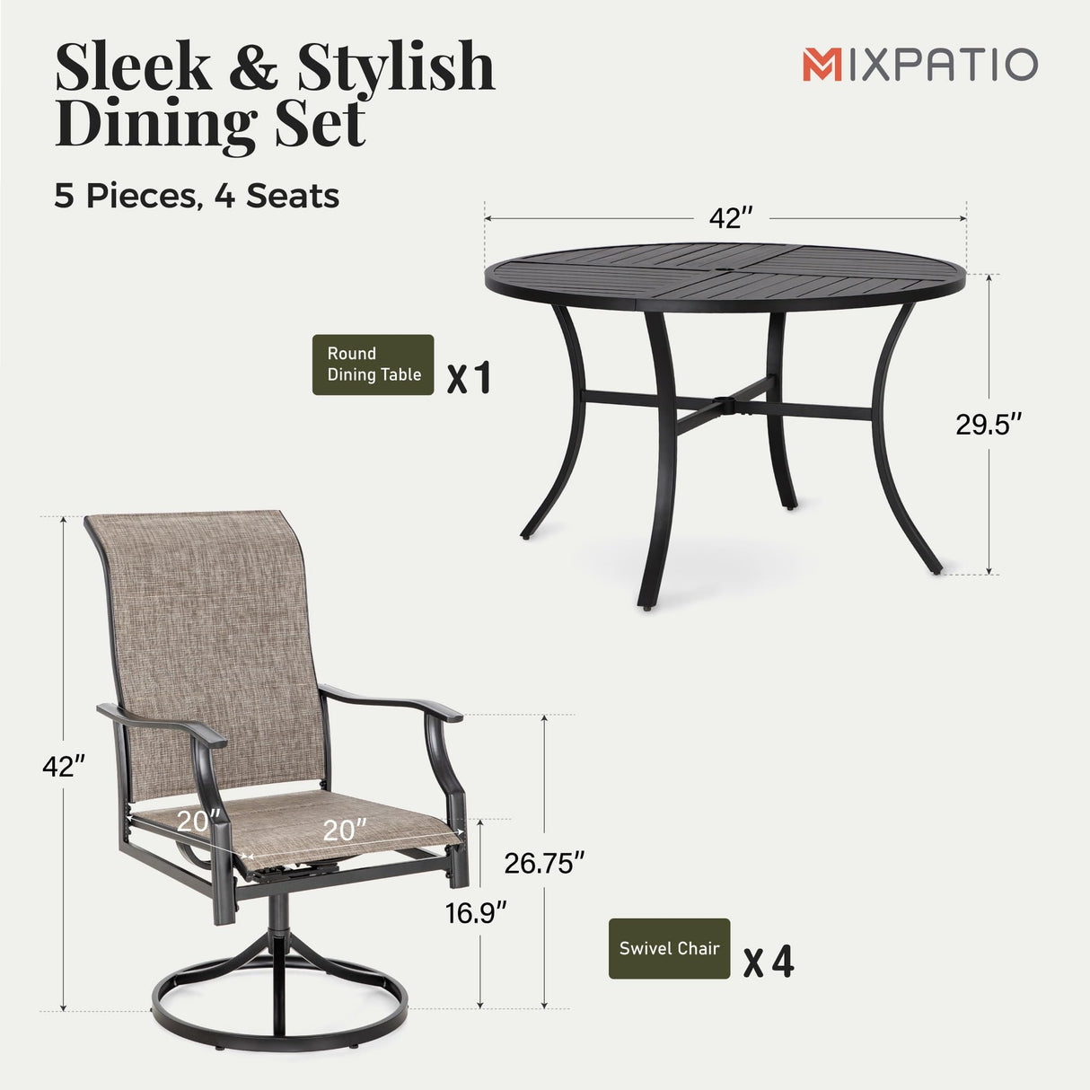 MIXPATIO 5 Pieces Patio Dining Set, Outdoor Table and Chairs, 4 x Textilene Swivel Dining Chairs and 42" Round Black Table, with 1.57" Umbrella Hole, for Cozy Garden Settings, Grayish Brown MIXPATIO