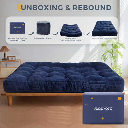 MAXYOYO 8" Futon Mattress Full Size, Ultra Thick Futons Sofa Couch Bed Tufted Sleeper Sofa Bed, Corded Fabric Floor Mattress for Adults, Shredded Foam Filling (Frame Not Included), Navy