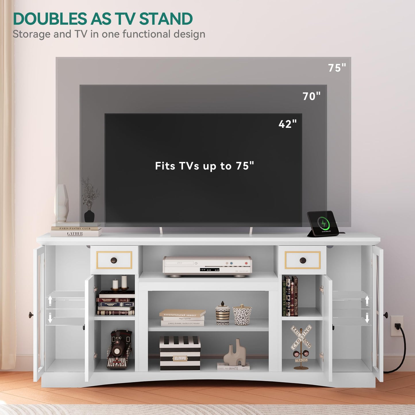 YITAHOME LED Home Modern Farmhouse TV Stand for up to 75 Inches Tvs, Wood Entertainment Center with Socket & Storage Drawers, TV Cabinet for Living Room, White 65“