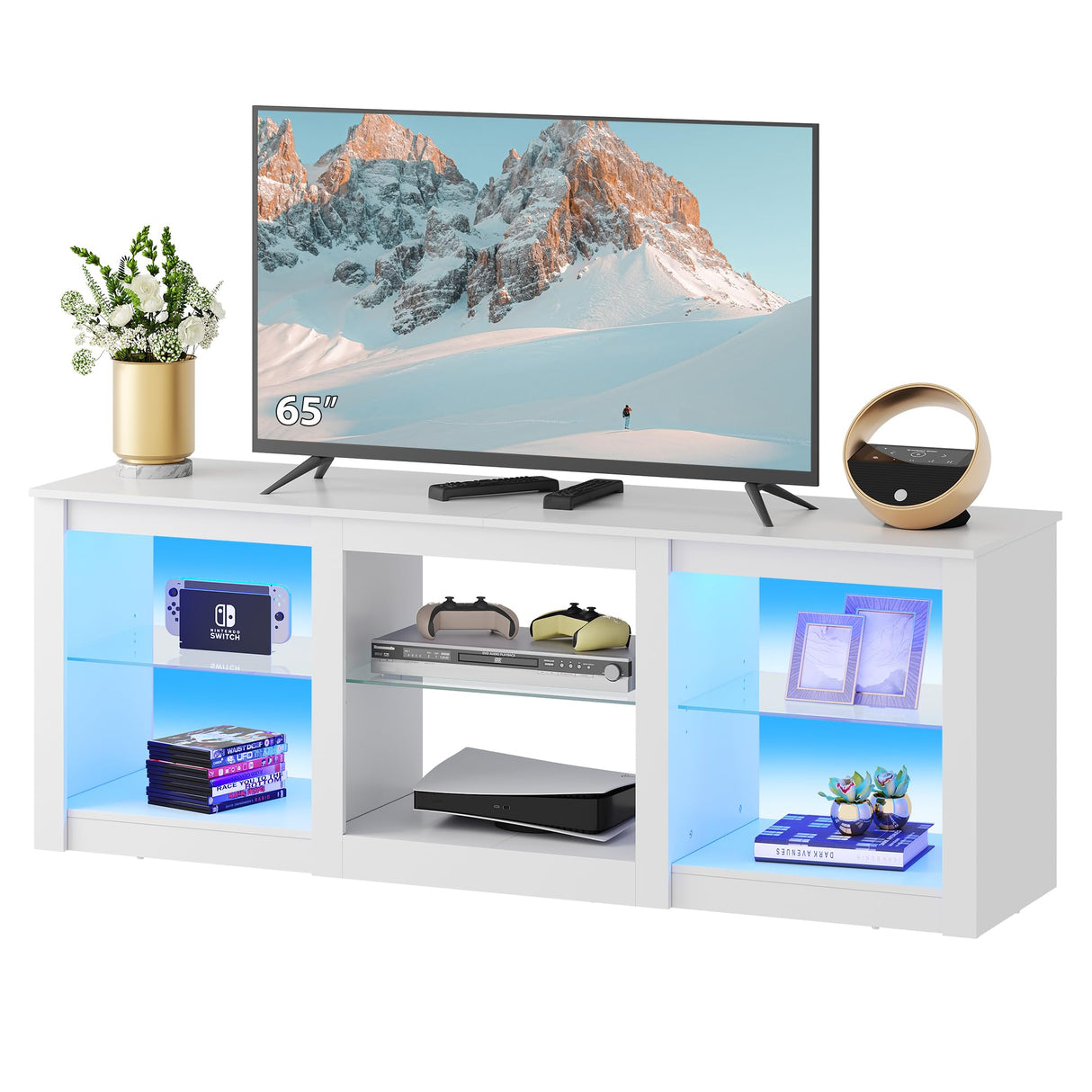 WLIVE LED TV Stand for 65-Inch TV, 58-Inch Entertainment Center with Adjustable Glass Shelves, Modern Media Console for Living Room & Bedroom, White WLIVE