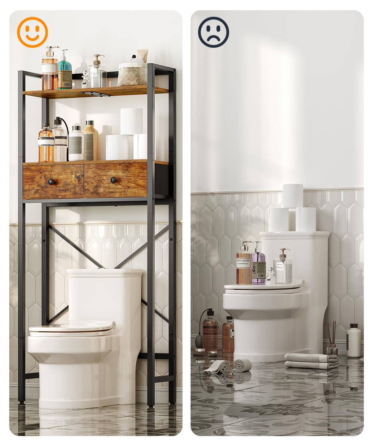 HOOBRO Over The Toilet Storage Rack with 2 Drawers, 3-Tier Bathroom Organizer Shelf Over Toilet, Freestanding Toilet Shelf, Storage Cabinet, Rustic Brown and Black BF47TS01 HOOBRO