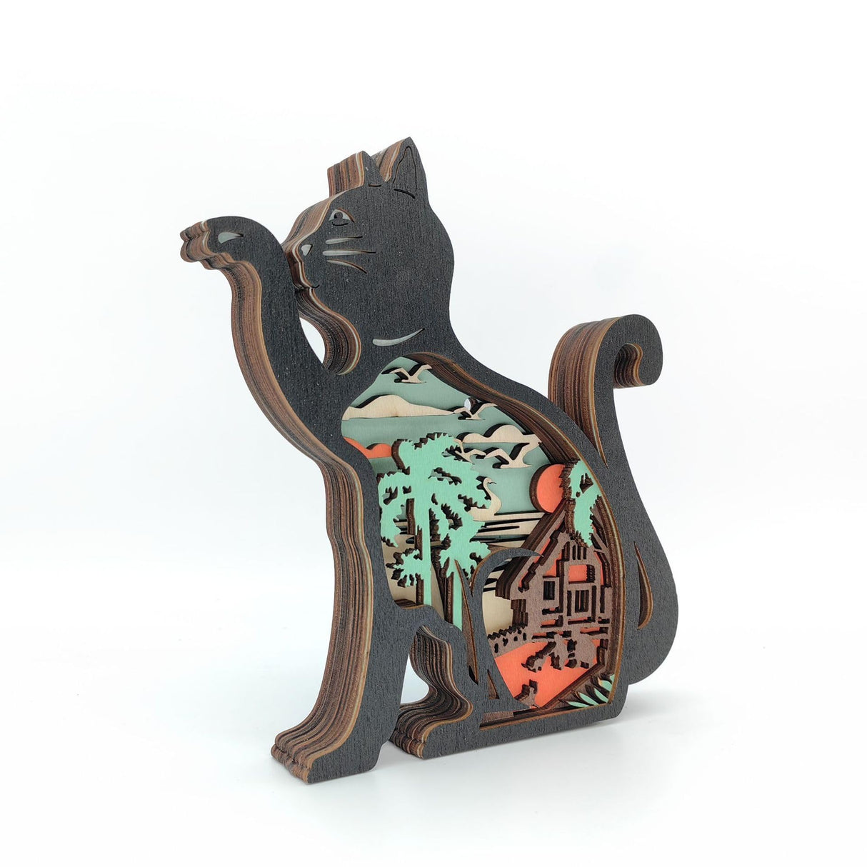 Drawelry 3D Wooden Carving Animals Lamp - Creative Fox Squirrel Wood Carved LED Night Light Garden Yard Wooden Animals Sculpture Ornaments Desktop Home Decor Birthday Gifts for Family Friend (Cat) Drawelry