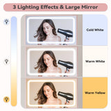 LIKIMIO Makeup Vanity Desk with Mirror and Lights, Pink Makeup Vanity Table Set with Stool Drawers, Power Socket, Dressing Table with 3 Lighting Colors, Vanities for Bedrooms LIKIMIO