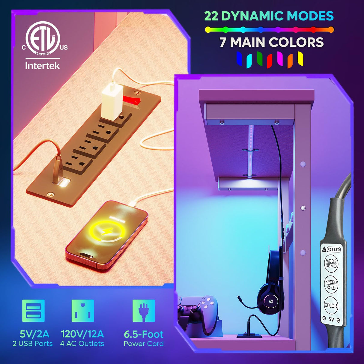 Bestier Pink Gaming Desk with Power Outlets, 44 Inch Led Gamer Desk with 4 Tiers Reversible Shelves, Pink Computer Desk with Headset Hook & Side Storage Bag for Bedroom (Pink 3D Carbon Fiber) Bestier