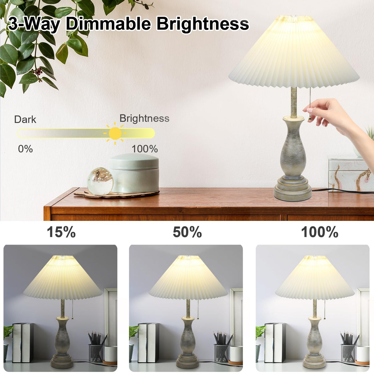 Farmhouse Table Lamp with Pull Chain Switch Control 3-Way Dimmable Table Lamp, Modern Nightstand Lamp Bedside Desk Lamp with Fabric Shade for Living Room Bedroom Hotel (Metal-Pack-01) LALISU