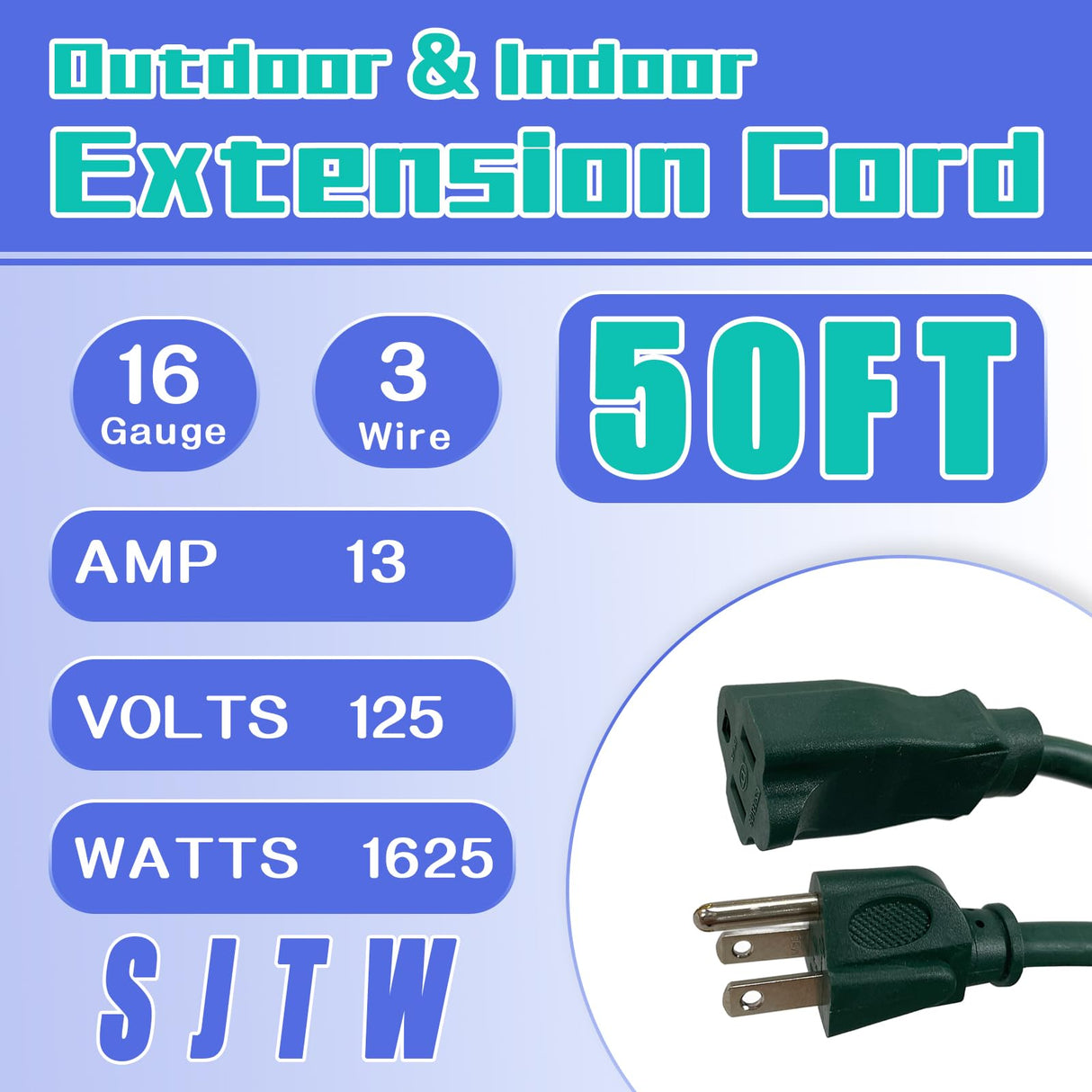 GREATIDE Indoor Outdoor Extension Cord 50 FT, 16/3 SJTW Weatherproof Green Electrical Cords, 13 AMP Heavy Duty 3 Prong Power Cable Great for Garden, Landscaping & Holiday Decorations GREATIDE