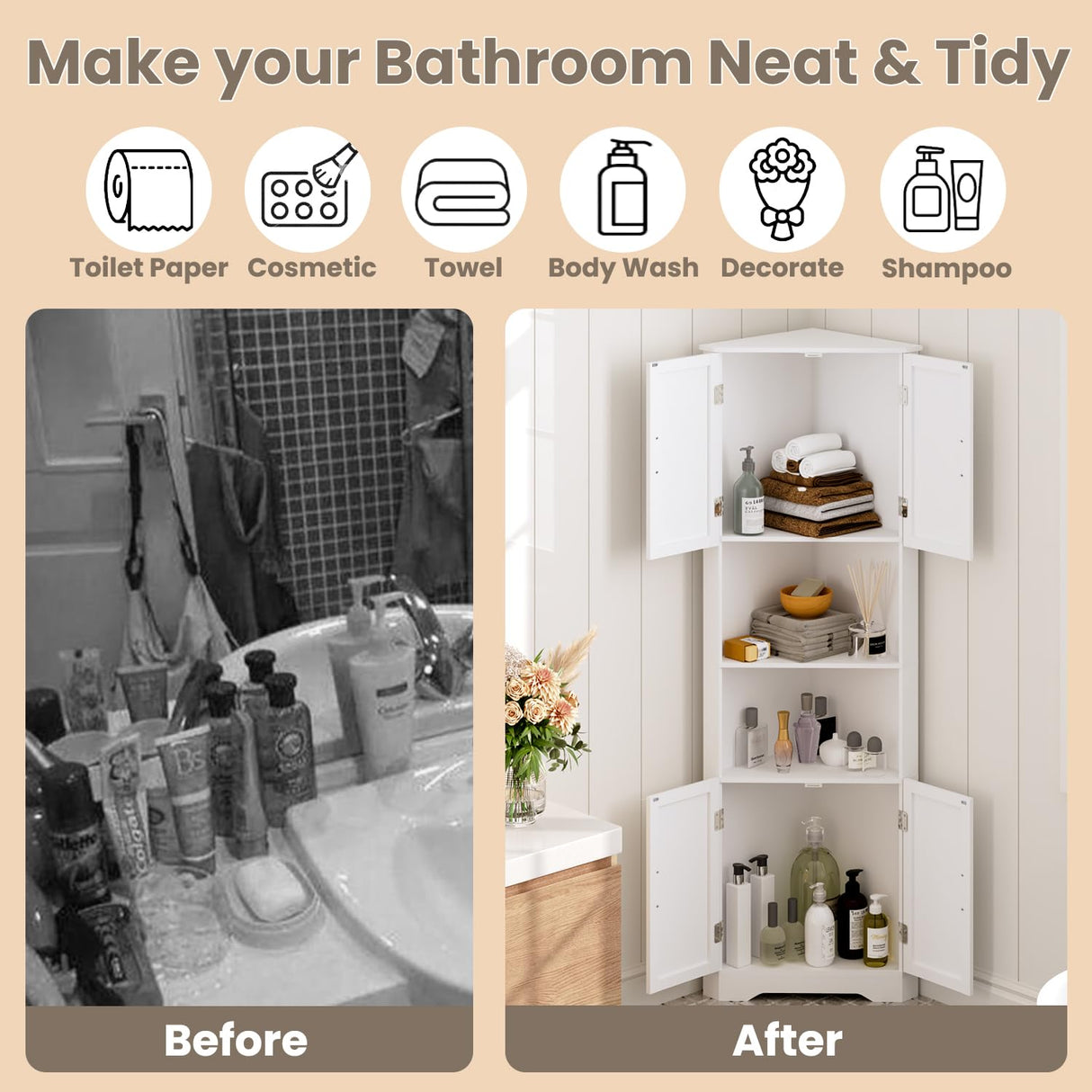 CHUWELL Corner Cabinet, 67'' Tall Corner Storage Cabinet with 4 Barn Doors and Adjustable Shelves for Living Room, Kitchen, Bathroom, Laundry Room, White CHUWELL