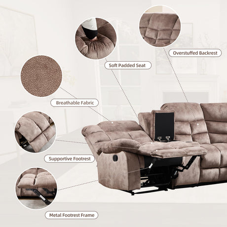 EBELLO Manual Reclining Sectional Sofa Set for Living Room, Soft Fabric Recliner Corner Sectional Couch with Center Console, Cup Holder and Storage, Brown EBELLO