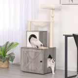 Heybly Cat Tree, Wood Litter Box Enclosure with Food Station, All-in-one Indoor Cat Furniture with Basket and Condo, Modern Style Cat Tower, Hammock, Rustic Gray HCT101SG Heybly