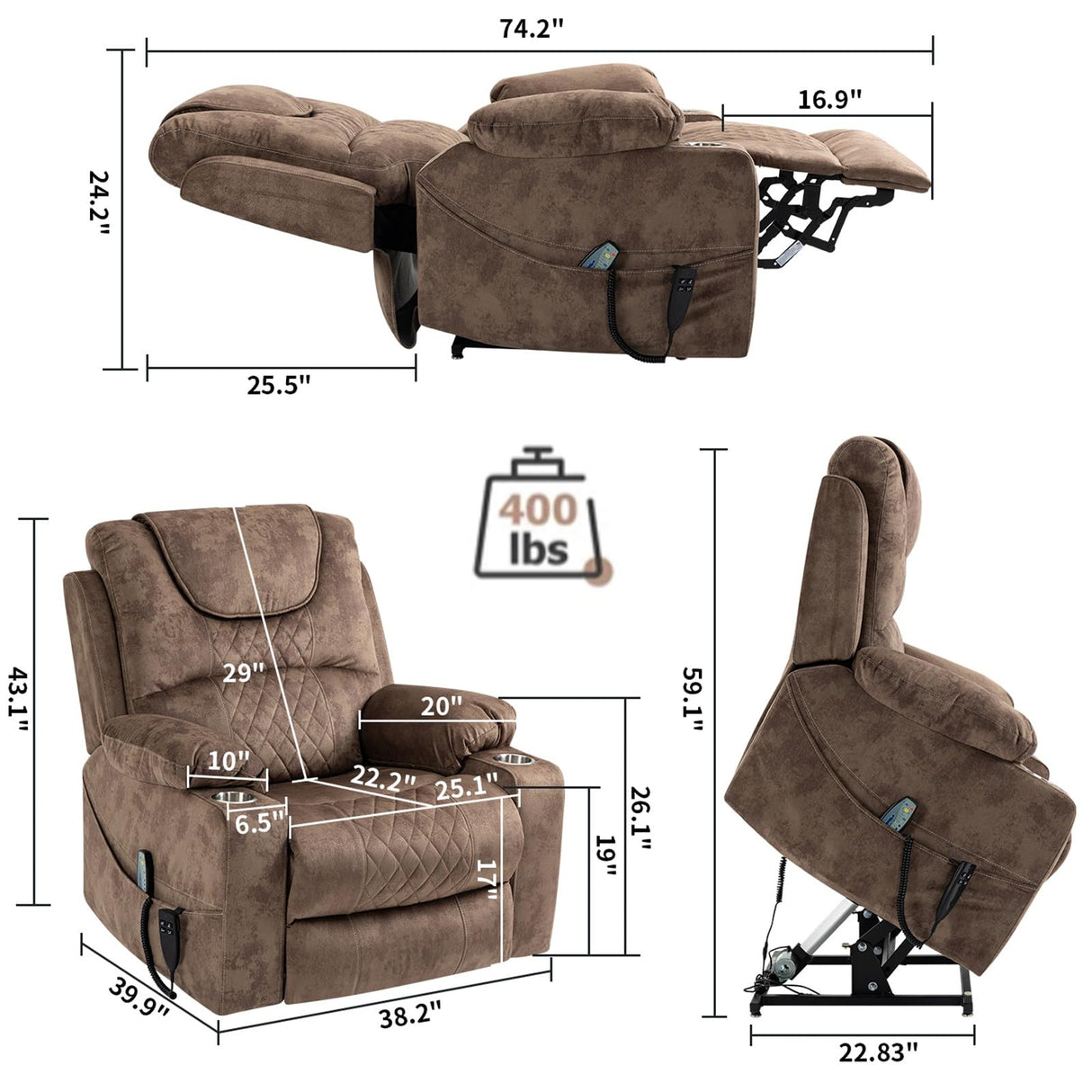 Recliner Lift Chairs for Elderly, 180 Degrees Lay Flat Recliner Chair with Heat and Massage and Cup Holder for Adults 400 lb Capacity (Brown Velvet) LITVZ