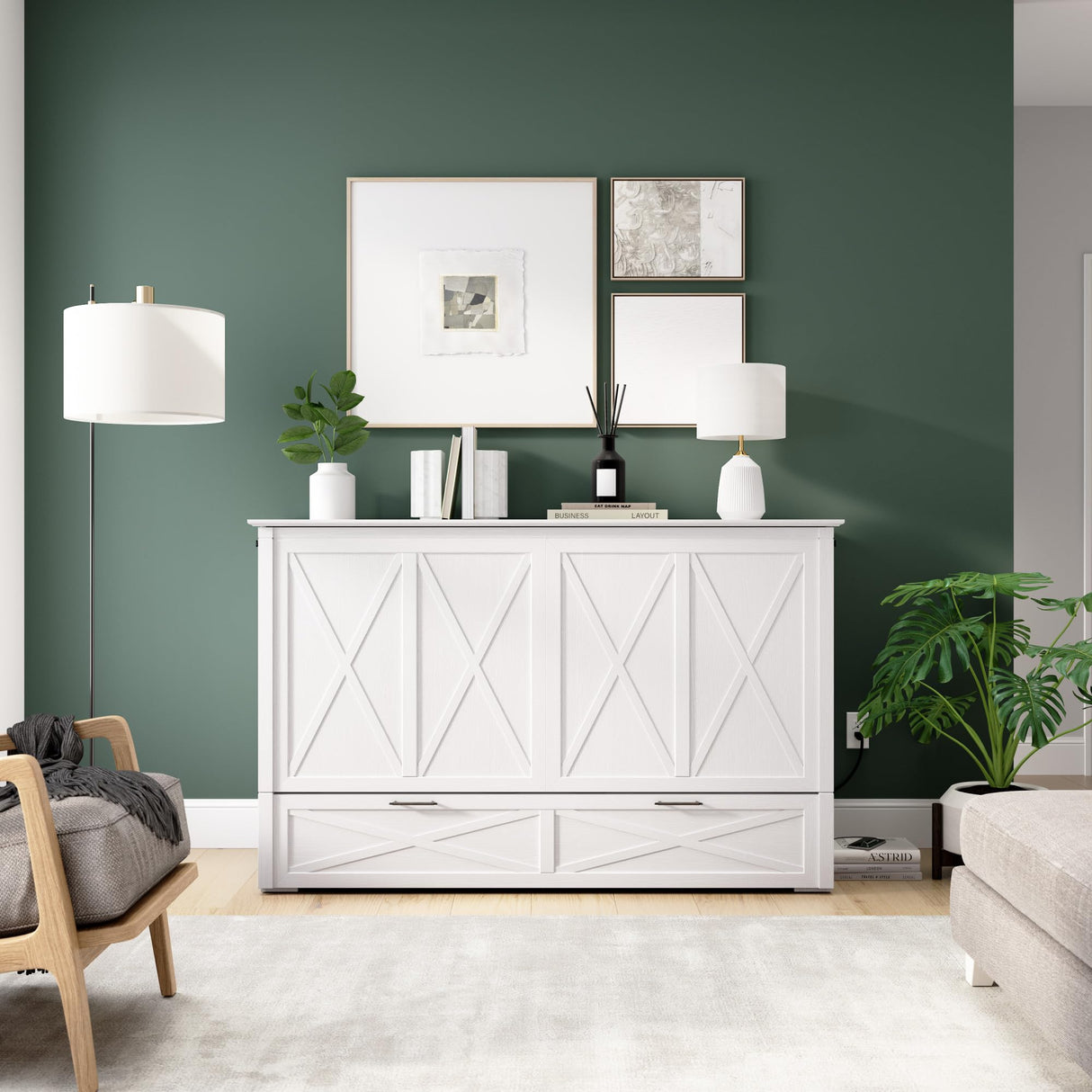 Bestar Murphy Cabinet Bed 65-inch Queen with Pullout Drawer for Bedroom, Guestroom, Key West Collection, Modern, White Bestar