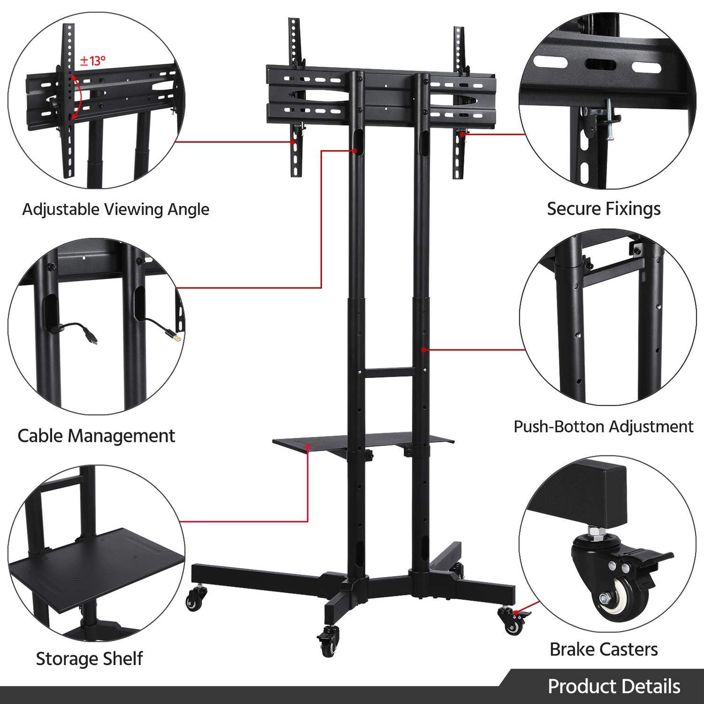 Yaheetech Mobile TV Stand with Wheels for 32-75 Inch LCD LED Screens TVs, Height-Adjustable Rolling TV Cart Hold up to 110 lbs, Trolley Floor Stand w/Tray, Max VESA 600x400mm