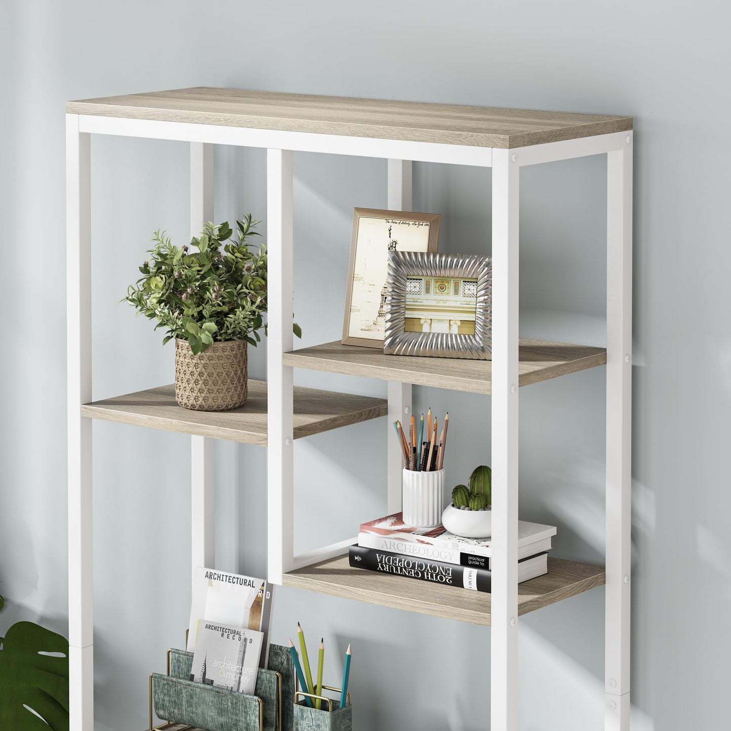 Tribesigns Industrial 6-Tier Bookshelf with 8 Open Shelves - Modern Walnut & White Storage Rack for Home & Office - WoodArtSupply