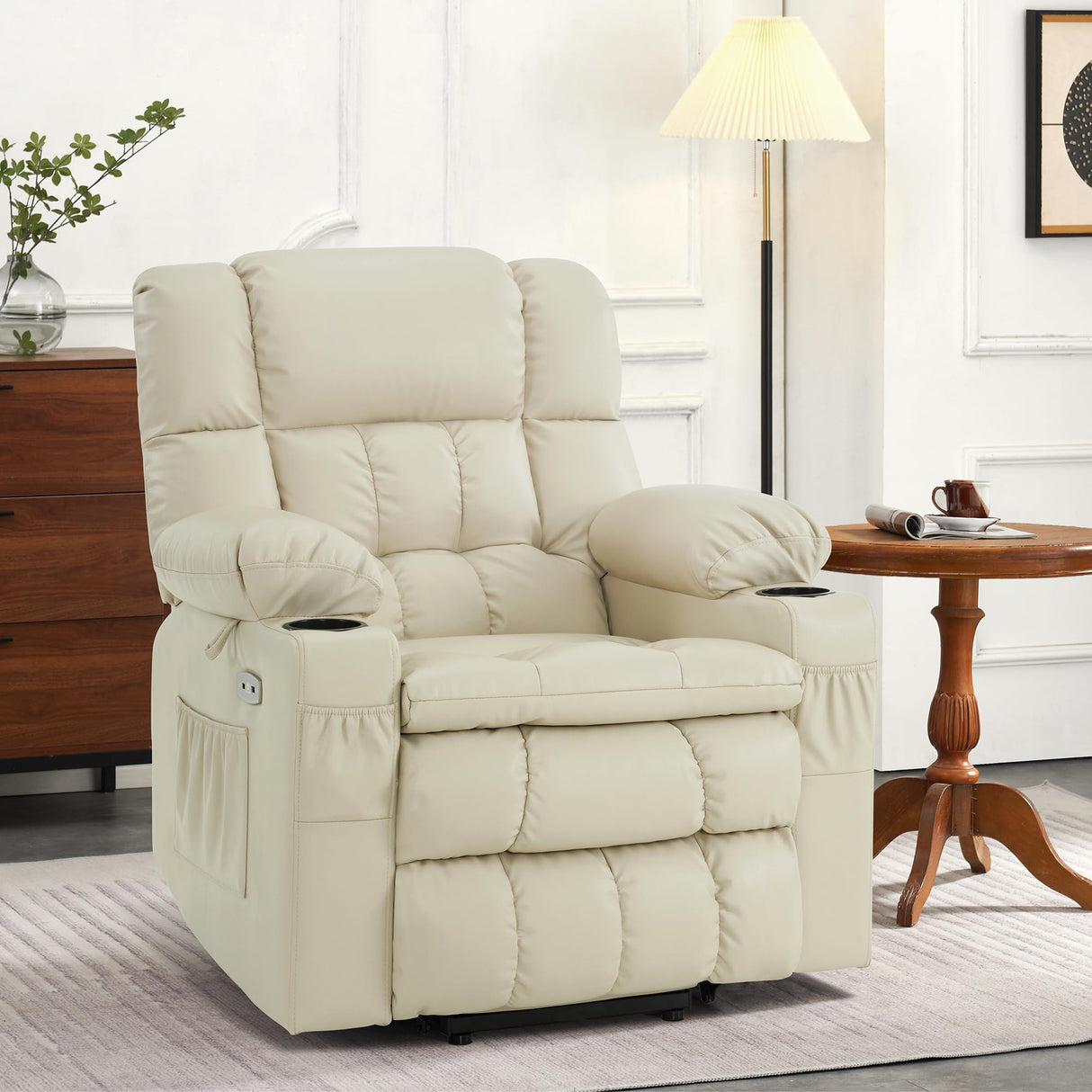 MCombo Dual Motor Small Power Lift Recliner Chair for Elderly, Lay Flat Lift Chair with Heat and Massage, Petite Lift Chair, Cup Holders, Faux Leather 7893 (Cream White, Small) MCombo