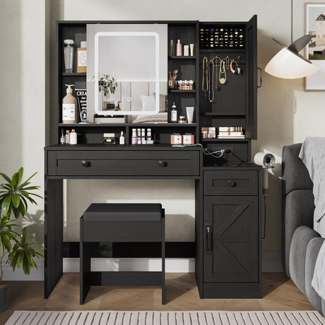 Fameill Vanity Desk with Mirror and Lights, Makeup Vanity Desk with Power Outlet, 2 Drawers & Storage, Vanity Table with Chair & Jewelry Cabinet, for Bedroom (Black) Fameill
