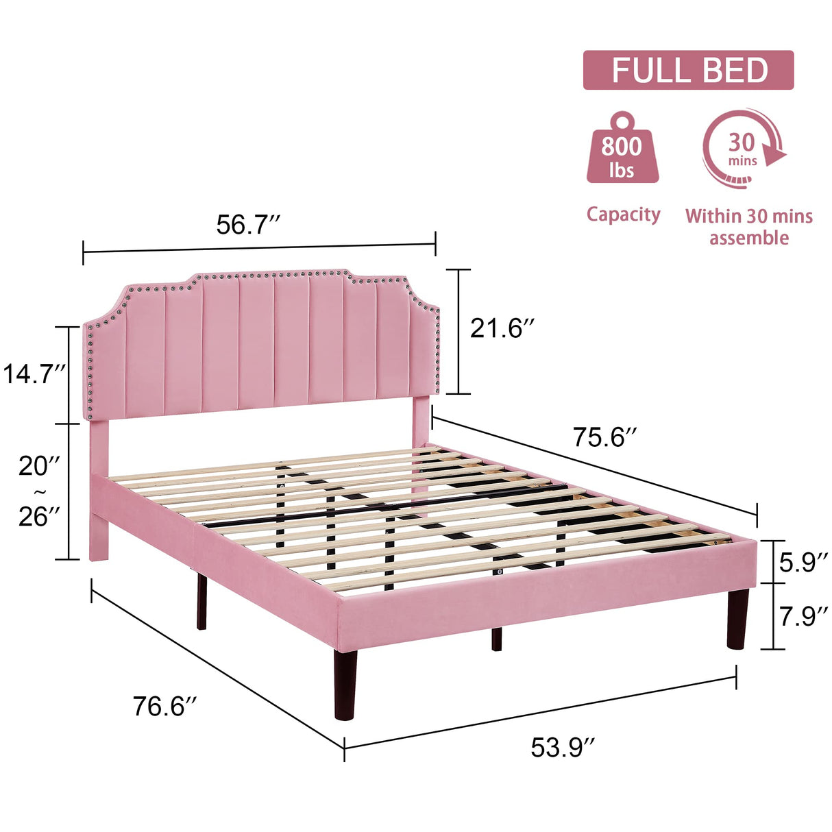 VECELO Full Size Upholstered Platform Bed Frame with Tufted Adjustable Headboard/Mattress Foundation/Wood Slat Support,Easy Assembly,Pink VECELO