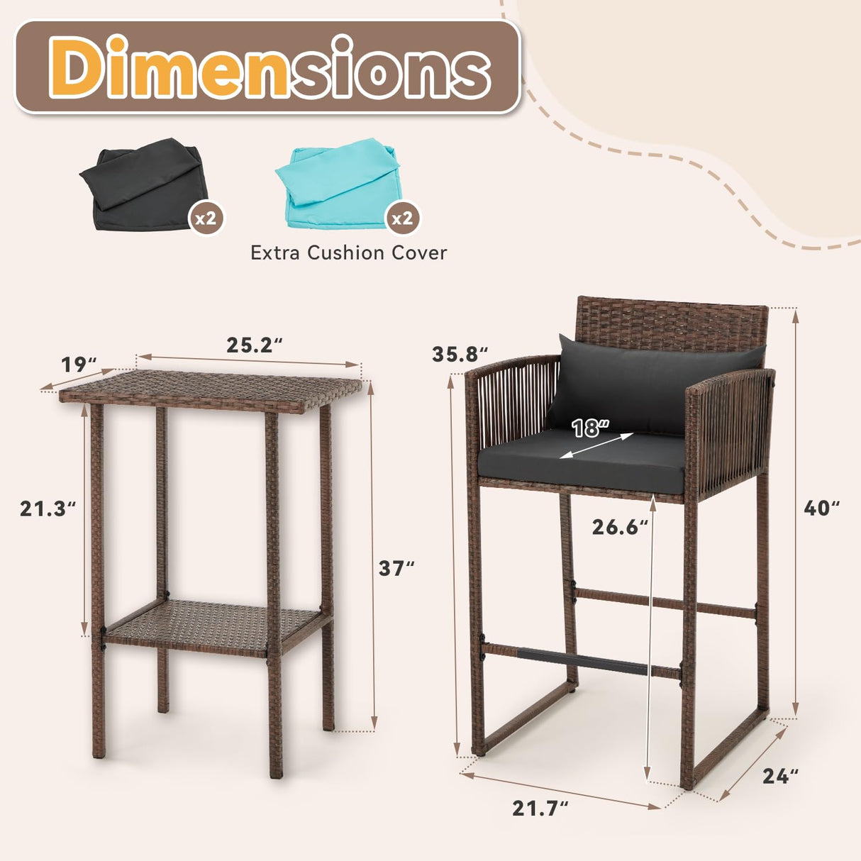 AVAWING 3PCS Patio Wicker Bar Set, Outdoor Bistro Rattan Barstool Furniture, Height Counter Table and Chairs for Backyard, Poolside, Balcony, Steel Frame w/Extra Cushion Covers Gray/Blue AVAWING