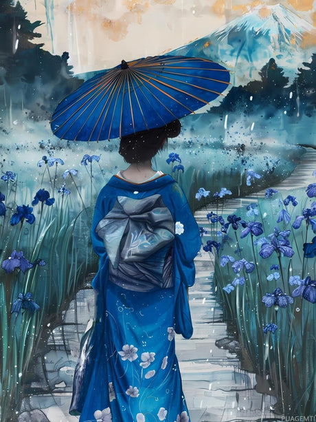 Diamond Art Painting Kits Geisha Walking with Umbrellas in The Iris Fields Full Drill Diamond Dots Paintings for Adults, Round 5D Paint with Diamonds Pictures DIY Crafts for Home Decor 12x16 inch PUAGEMTI