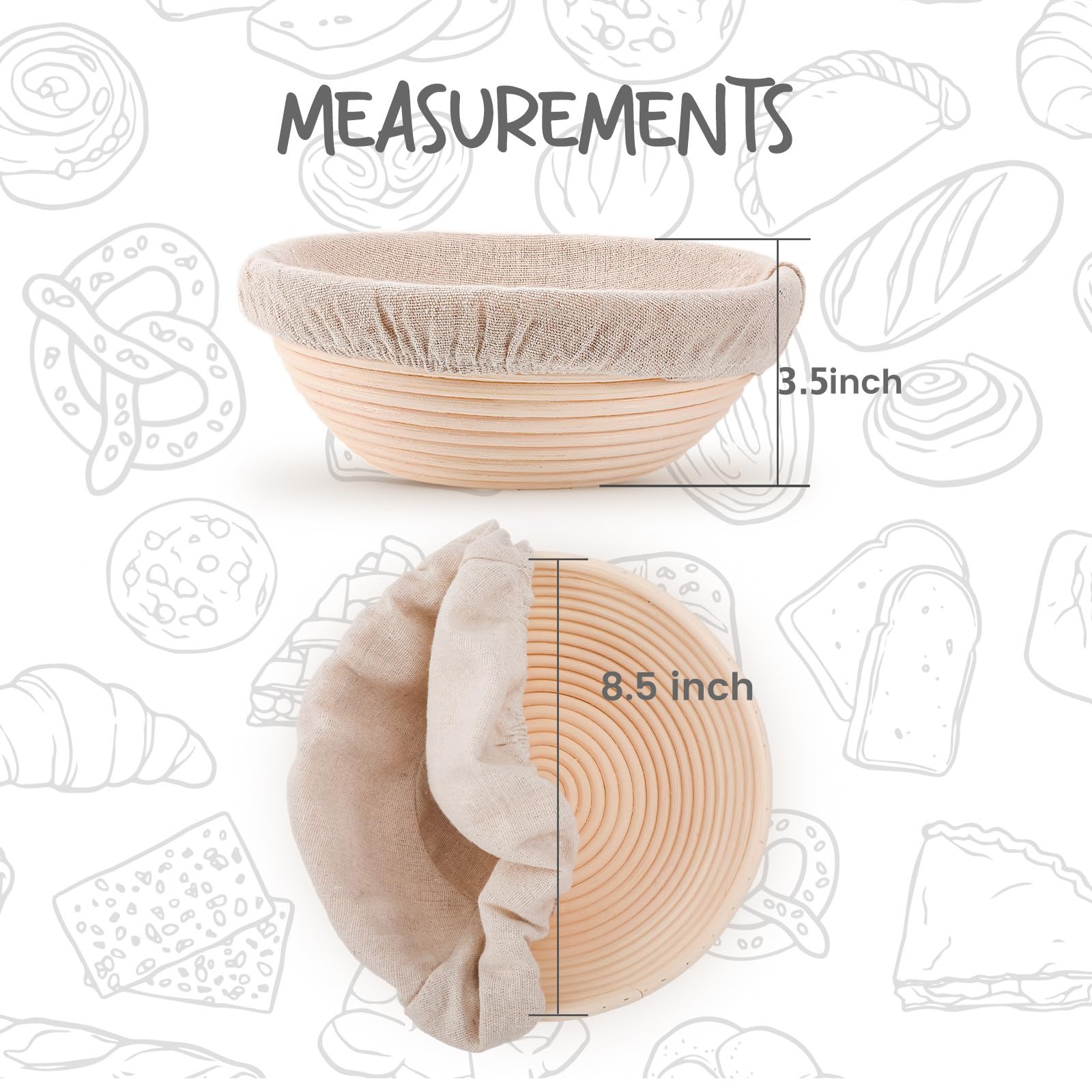 Bread Proofing Baskets Set of 2 8.5 inch Round Dough Proofing Bowls - Thumbnail 3