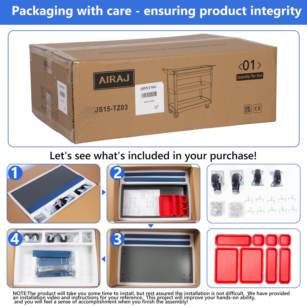 AIRAJ 3 Tier Rolling Tool Cart,Mechanic Tool Cart on Wheels,Industrial Utility Cart with Drawers and Pegboard,440 LBS Capacity Tool Storage Cart for Garage,Warehouse,Blue AIRAJ