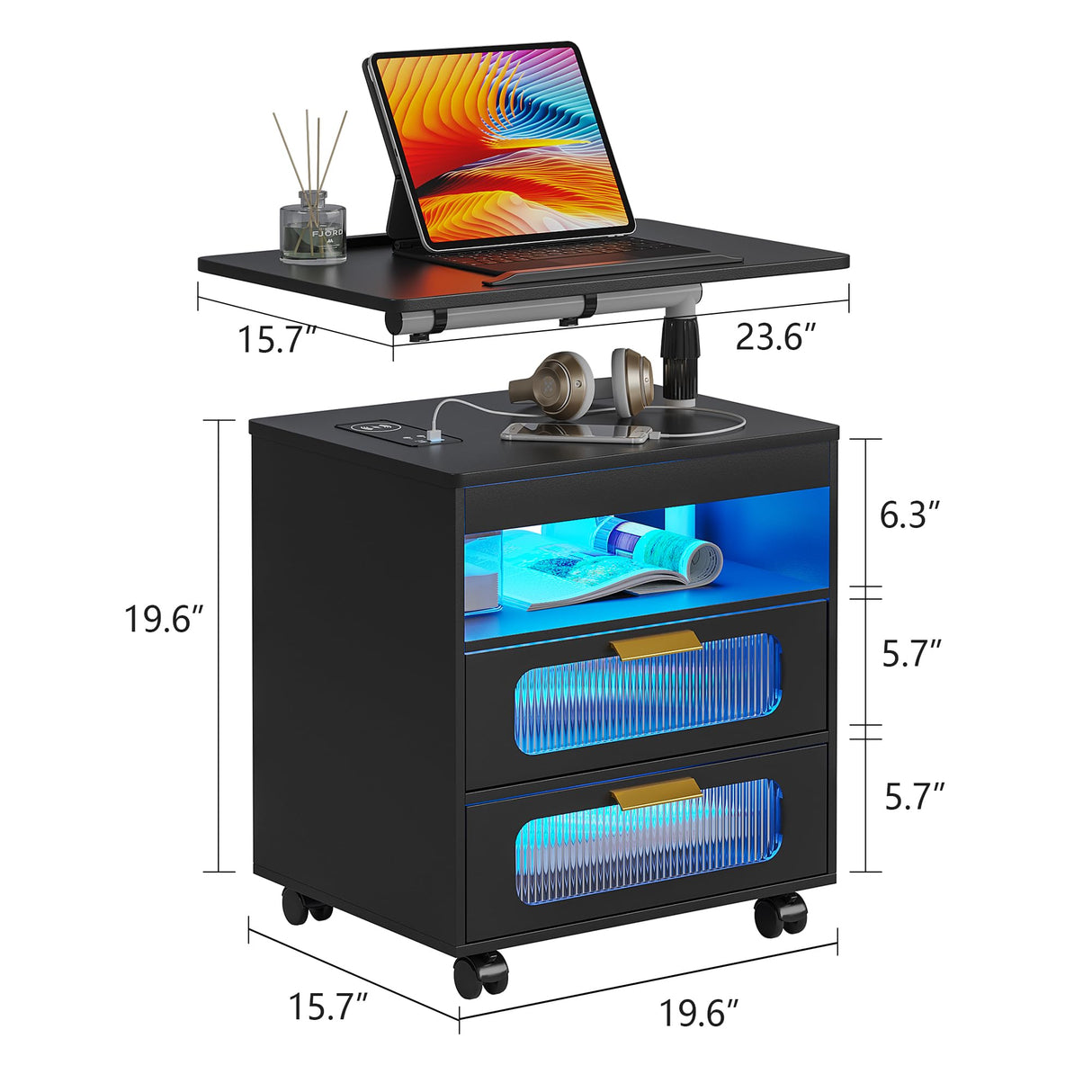 HNEBC Nightstand with Wireless Charging Station, LED Nightstand Has Adjustable Rotary Workstation,Smart Night Stand with 2 Drawers,Modern Bedside Table for Bedroom, Sensor Light/Wheel (Black) HNEBC
