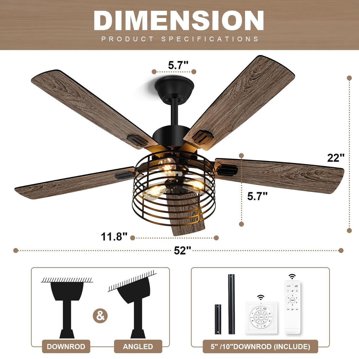 NEWORB 52 Inch Farmhouse Ceiling Fan with Light and Remote, Rustic 3-Light Caged Fan, 5 Dual Finish Blades, Industrial Black Fan for Bedroom, Patio, Living Room NEWORB