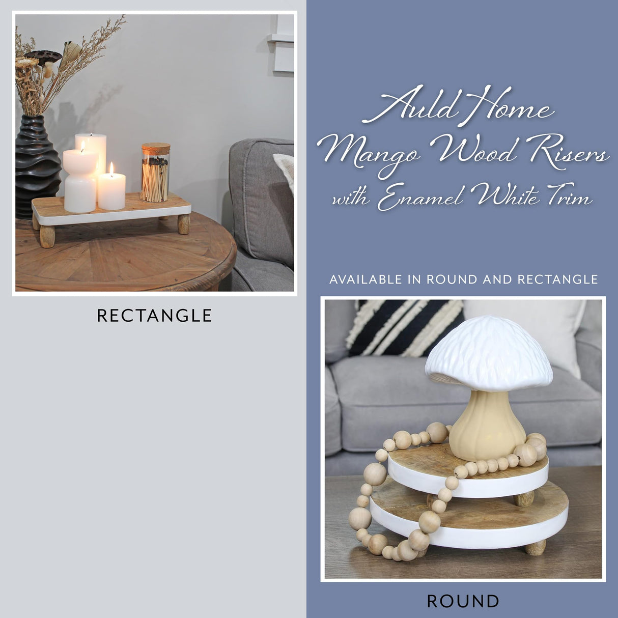 AuldHome Farmhouse Round Wooden Risers (Set of 2, White Trim), Rustic Decorative Risers for Display with Natural Mango Wood and Enamel Trim AuldHome Design