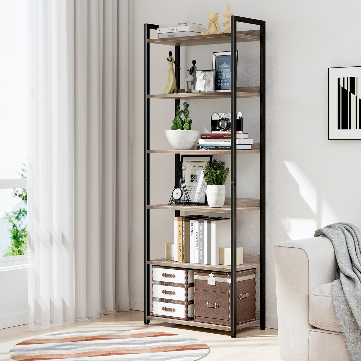 NUMENN Bookshelf, 6 Tier Bookshelves, Home Office Bookcase Shelf Storage Organizer, Free Standing Storage Shelving Unit for Bedroom, Living Room and Home Office, Grey NUMENN