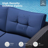 MFSTUDIO 4 Piece Wicker Patio Furniture Set, L Shaped Small Rattan Patio Sectional Sofa Couch Outdoor Conversation Sets with Navy Blue Cushions, Storage Box, Glass Coffee Table for Garden, Backyard MFSTUDIO