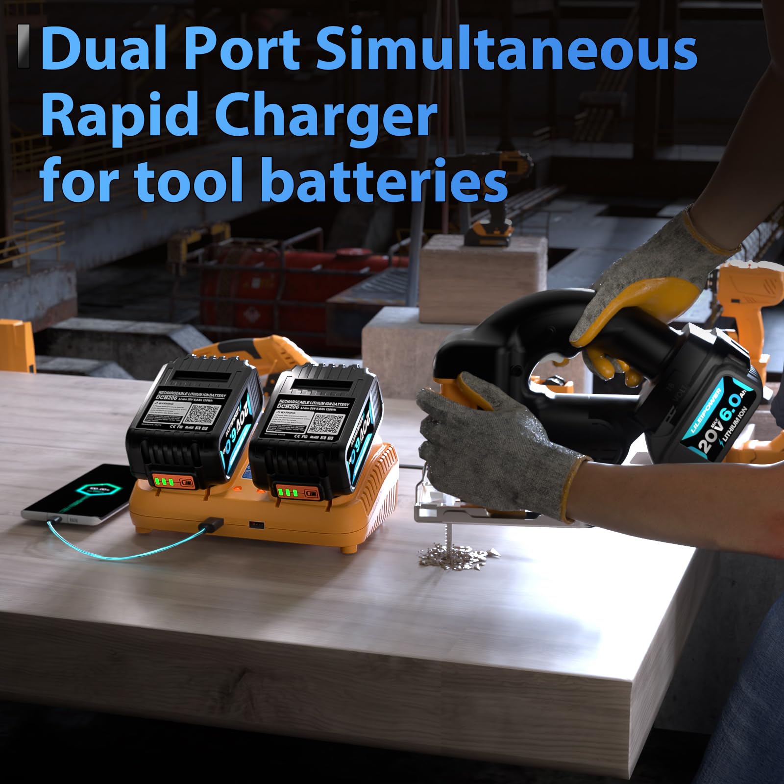 LILEIPOWER 2Pack 20V 6.0Ah Battery Replacement for Dewalt 20V Max Battery and DCB102 Charger Combo Compatible with Flexvolt 20V/60V Battery DCB206 DCD/DCF/DCG/DCS Cordless Power Tools - WoodArtSupply