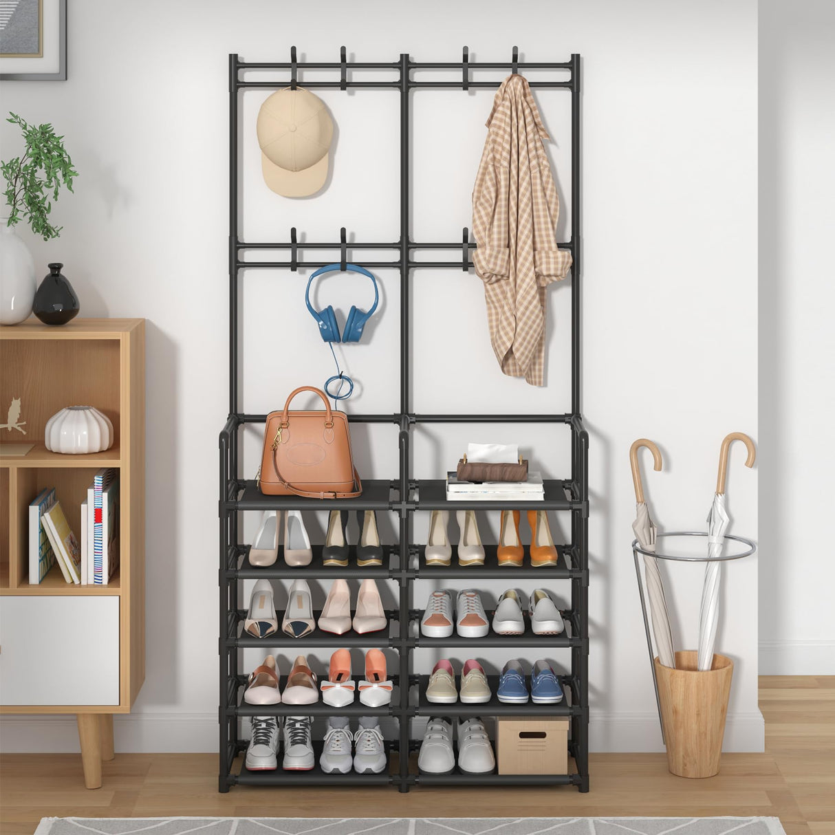 Laiensia 5-Tier Entryway Coat Rack, Coat and Shoe Rack, Entryway Bench Storage Organizer with 8 Hooks for Bedroom, Hallway, Office, Black Laiensia