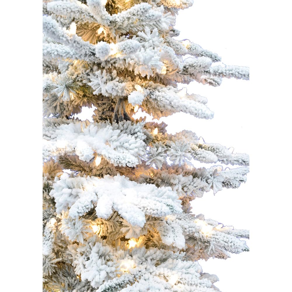 Fraser Hill Farm 12-Ft. Mountain Pine Flocked Artificial Christmas Tree with Warm White LED Lights and Stand, Prelit Foldable Fake Tree with Realistic Snowy Foliage for Home Decoration