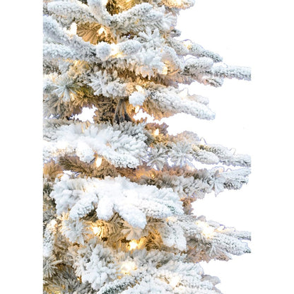 Fraser Hill Farm 12-Ft. Mountain Pine Flocked Artificial Christmas Tree with Warm White LED Lights and Stand, Prelit Foldable Fake Tree with Realistic Snowy Foliage for Home Decoration