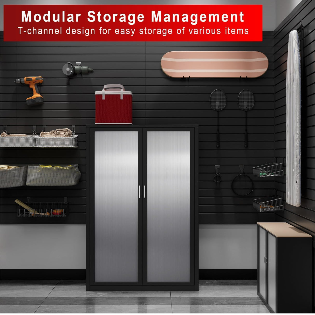 Ginchain 4'H x 8'W Slatwall Panel Garage Wall Organizer with 14 Hooks, Heavy Duty Interlocking Slat Wall Paneling Sheets, Garage Slatwall for Tool Organization Mounted Storage Systems Black Ginchain