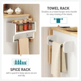 RALGEND Kitchen Island with Storage, Kitchen Cart with Charging Station, Rolling Kitchen Island Table with Drop-Leaf, 3 Drawers, Barn Doors, Towel Rack and Spice Rack, White and Natural RALGEND