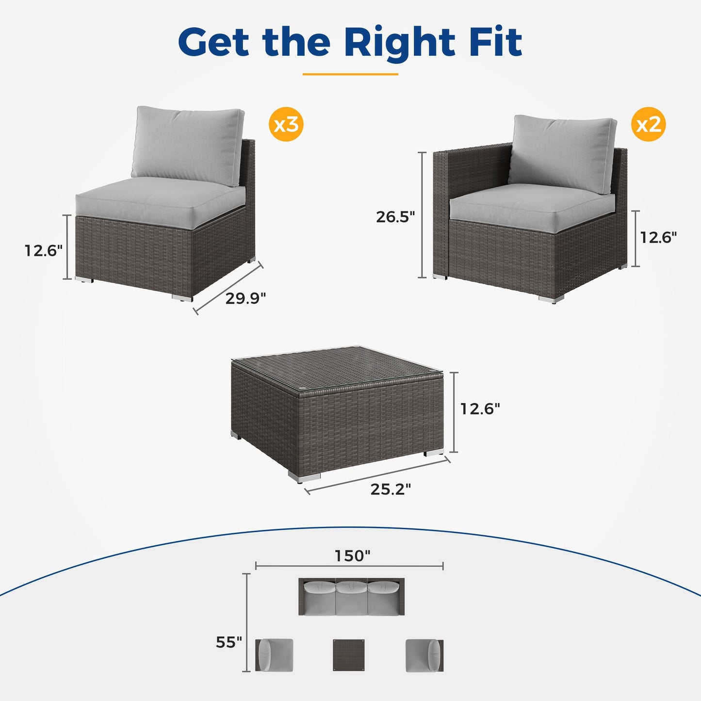 Wisteria Lane 6 Piece Outdoor Patio Furniture Sets, Outdoor Sectional Furniture with Tempered Glass Table and Cushion, Wicker Patio Conversation Sets for Garden Backyard, Grey - WoodArtSupply