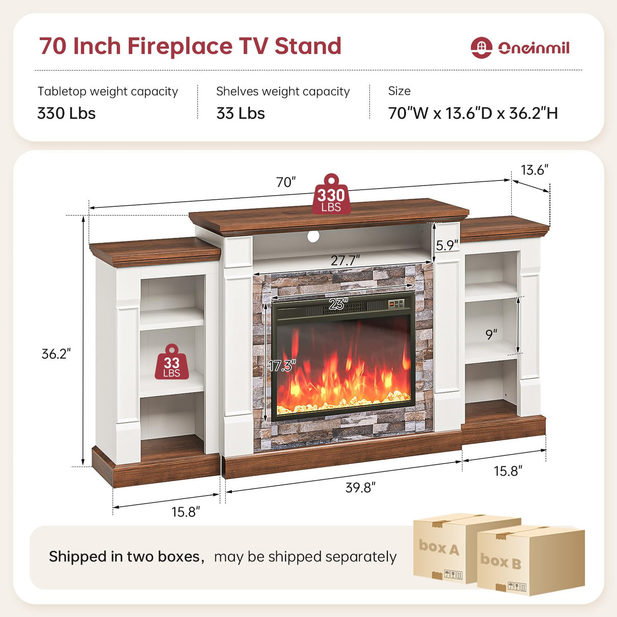 oneinmil 70" Fireplace TV Stand, Electric Fireplace with Mantel, Modern Entertainment Center with Open Storage, Remote Control, Adjustable Flame, Fire Place TV Stand for Living Room, Bedroom Oneinmil