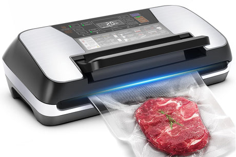 Commercial Food Vacuum Sealer Machine, 230 Watts Food Sealer Vacuum Sealer for Food with Double Heat Seal, Easy Lock Handle, 12 Functions, 1 Roll and 10 Pre-cut Bags, Progress Display OidoZac
