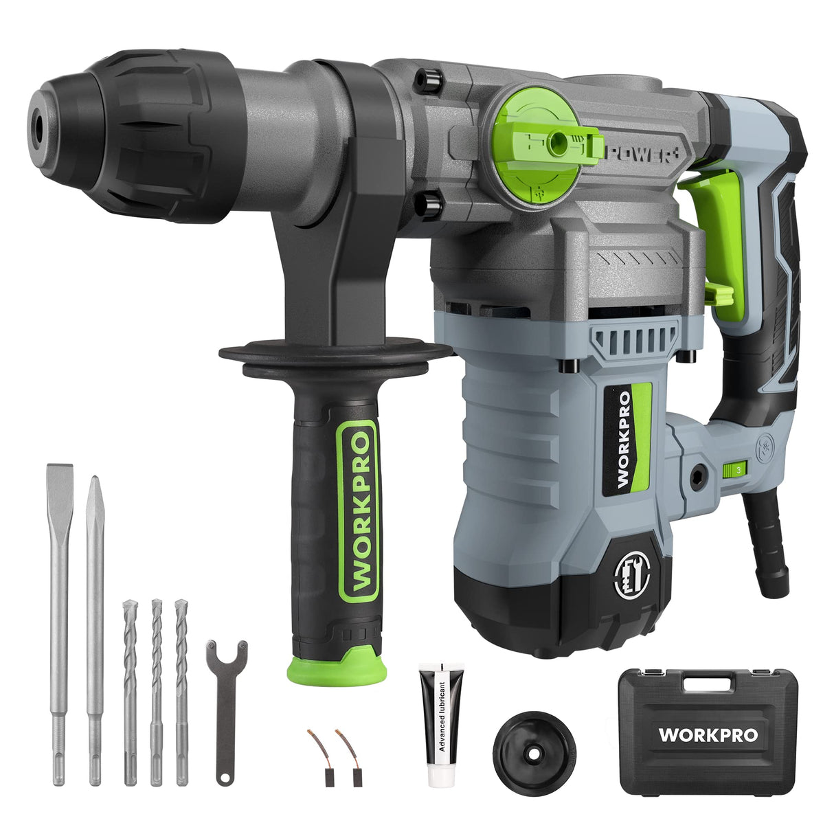 WORKPRO Premium 1-1/4 Inch SDS-Plus Rotary Hammer Drill, 12.5AMP, Heavy Duty Corded Version for Concrete Demolition Chipping Rotomartillo, 5 SDS-Plus Bits WORKPRO