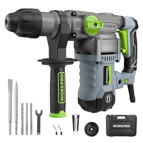WORKPRO Premium 1-1/4 Inch SDS-Plus Rotary Hammer Drill, 12.5AMP, Heavy Duty Corded Version for Concrete Demolition Chipping Rotomartillo, 5 SDS-Plus Bits WORKPRO