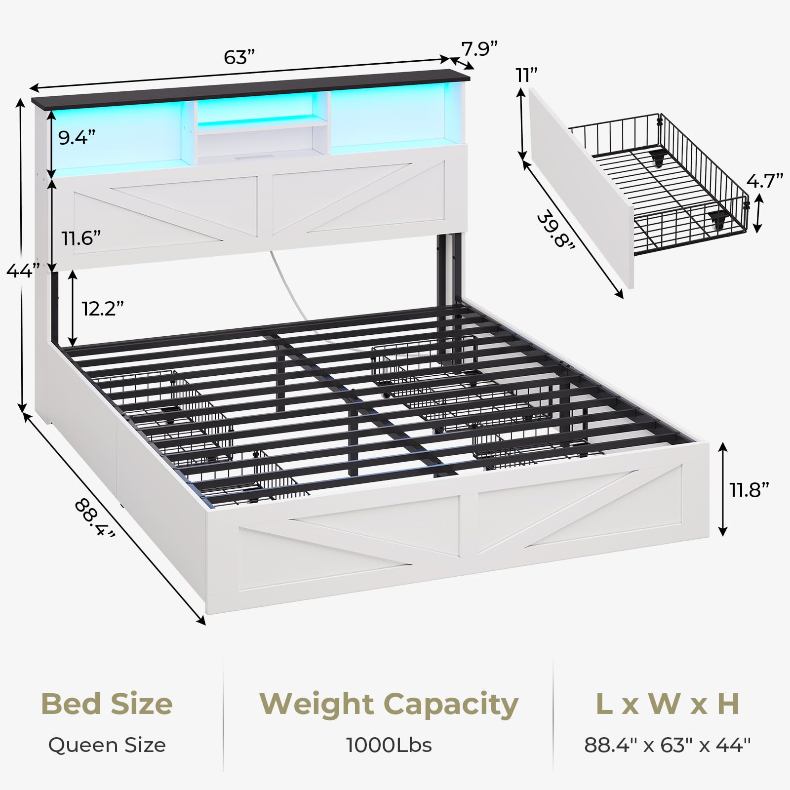 MSmask Farmhouse Queen Size Bed Frame with Storage Bookcase Headboard and 4 Drawers, Charging Station and LED Lights, Wood Platform Bed with Hidden Storage, No Box Spring Needed, White - WoodArtSupply