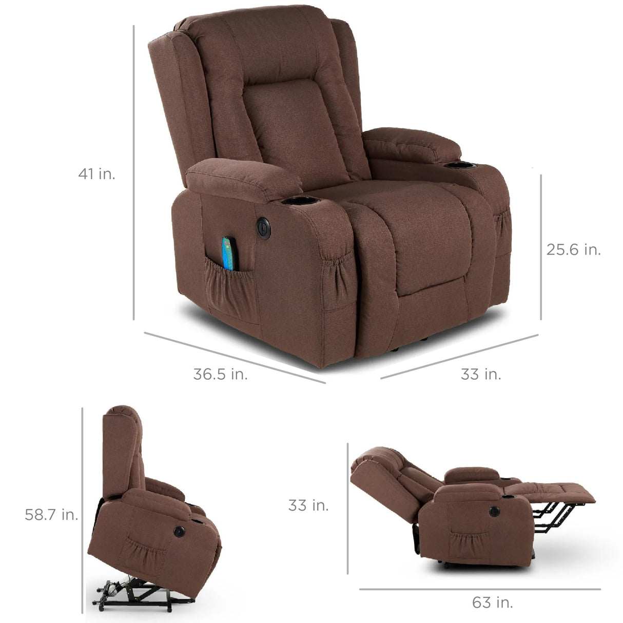 Best Choice Products Modern Linen Electric Power Lift Chair, Recliner Massage Chair, Adjustable Furniture for Back, Legs w/ 3 Positions, USB Port, Heat, Cupholders, Easy-to-Reach Button - Brown Best Choice Products