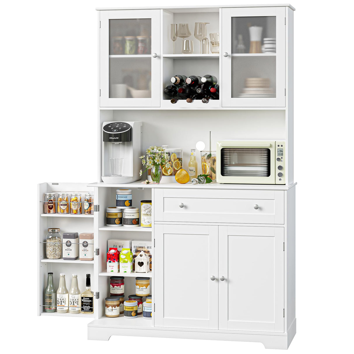 HOSTACK Kitchen Pantry Storage Cabinet, Modern Buffet Cabinet with Hutch, Tall Kitchen Hutch Cabinet with Microwave Stand, Food Pantry Cabinet with HOSTACK