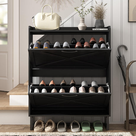 Maupvit Shoe Storage Cabinet with 2 Flip Drawers, Freestanding Organizer with Metal Legs for Entryway, Narrow Shoe Rack Cabinet, Black Maupvit