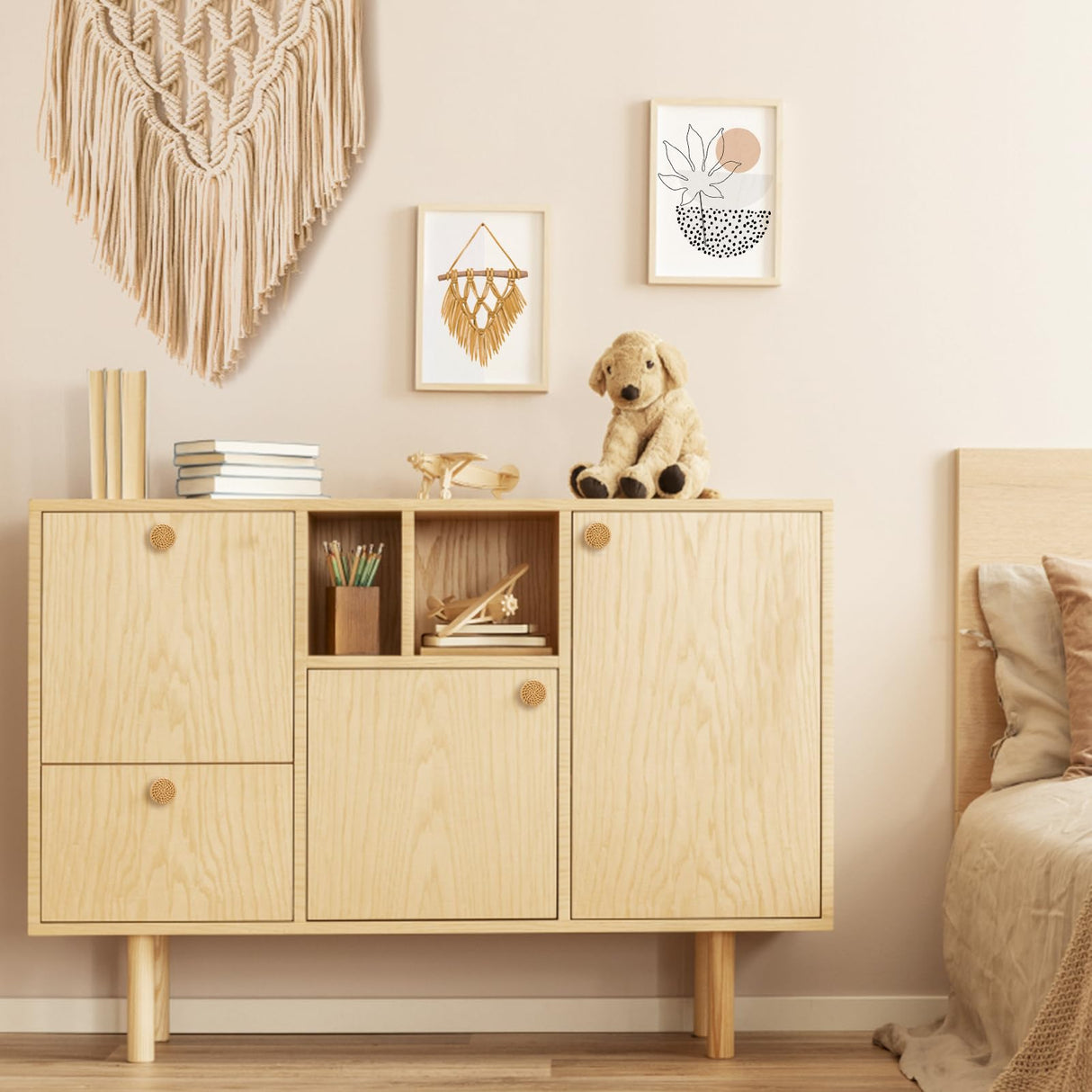 ANPHSIN 12 Pack Boho Rattan Dresser Knobs- Durable Beech Wood Drawer Knobs Handmade Wicker Woven Pulls with 24 Screws for Cabinets, Furniture ANPHSIN