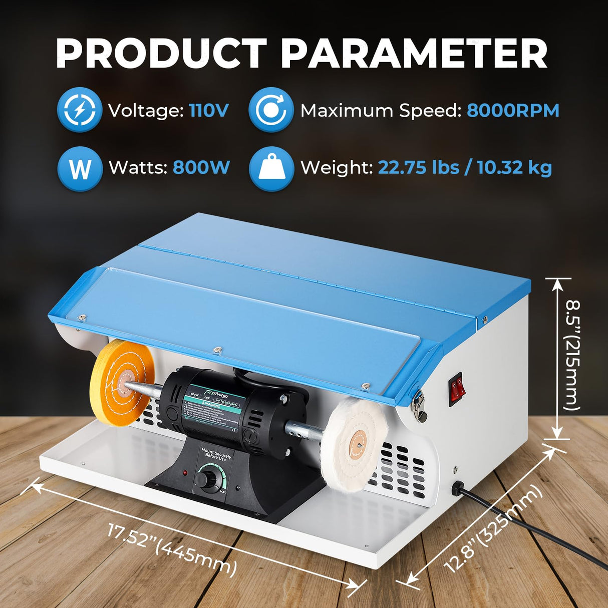 Flyrivergo Jewelry Polishing Machine, Bench Buffer Polisher 800W 110V Adjustable Variable Speed Polishing Machine with Dust Collector, Exhaust Fan Blower, Work Light and Motor Housing for Metal, Wood Flyrivergo