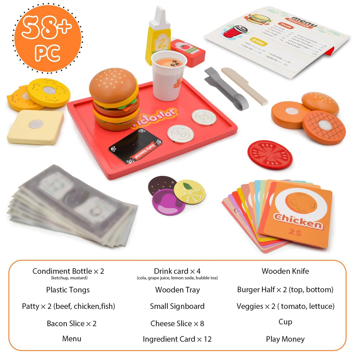 Victostar Wooden Play Food Set (58 pcs) Slice & Stack Sandwich Counter, Pretend Play Store Food Toys, Burger Shop Toys for Boys and Girls Victostar